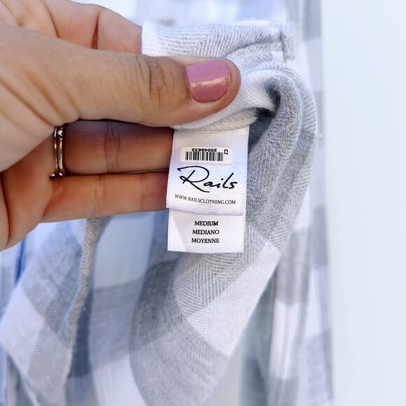 Rails Rain Gray White Cropped Short Flannel Button Up Shirt Medium Rayon - Picture 9 of 11